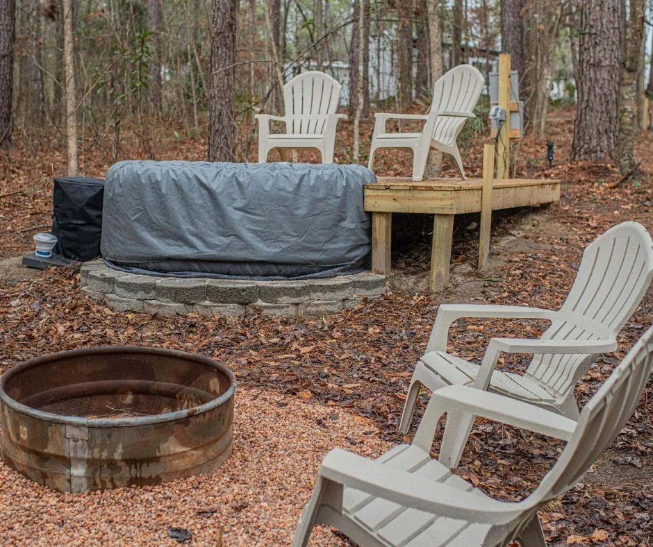 Canopy fire pit and hot tub — Outside Inn Campground, Santee SC